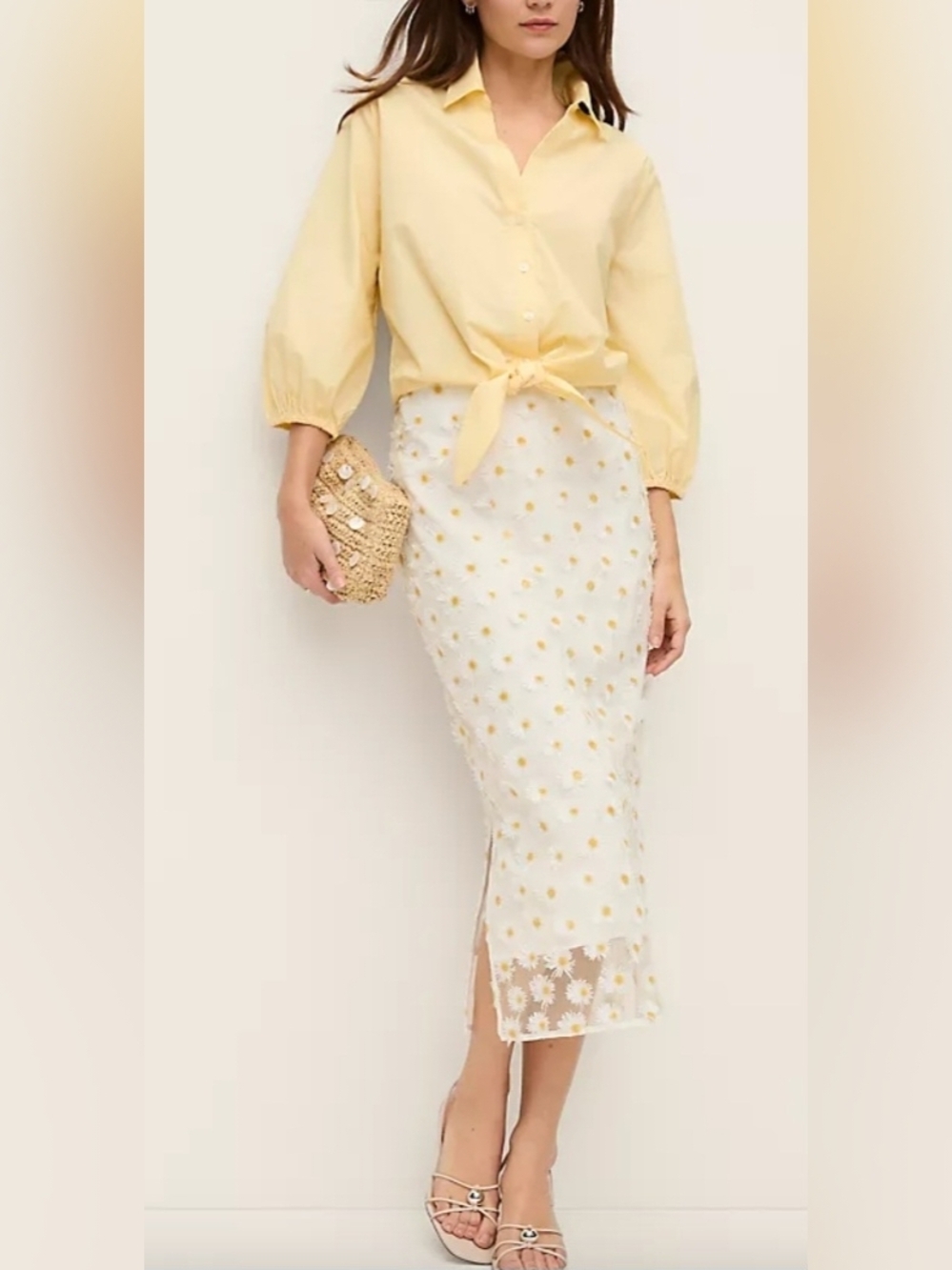 Yellow Daisy-Embroidered White Midi Skirt